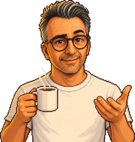 Pixel-art Mert with a coffee mug, mid-explanation