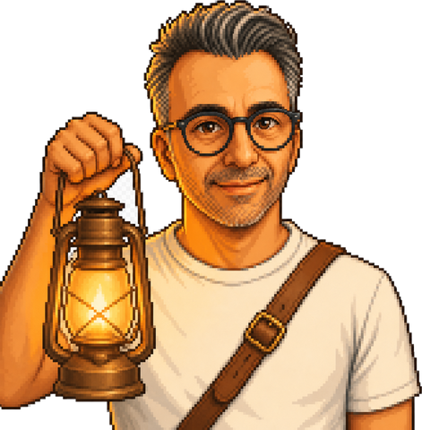 Pixel-art Mert holding up a lit oil lantern, satchel strap across his chest