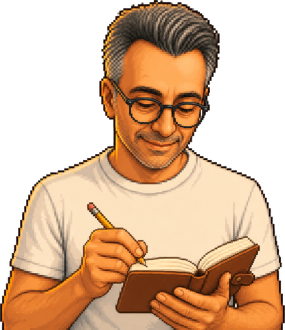Pixel-art Mert writing in his field journal
