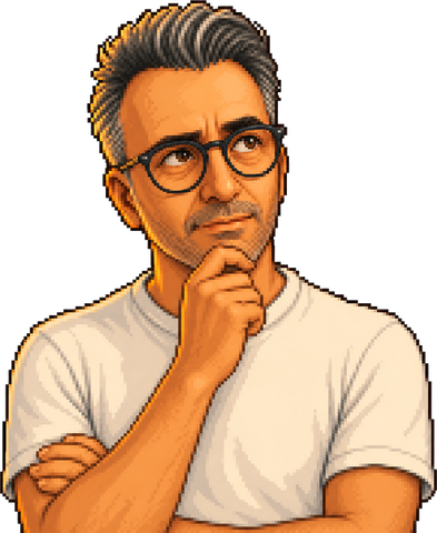 Pixel-art Mert, hand on his chin, thinking