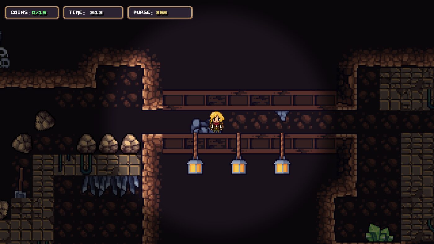 Cora crosses a timbered bridge over a dark chasm, three lanterns swinging beneath the planks — in-game screenshot.