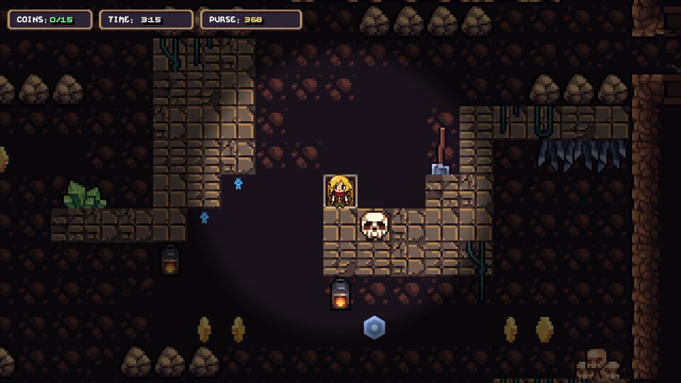 Cora stands on a stone ledge near a half-buried skull and an abandoned shovel; pale blue spirits drift in the dark.