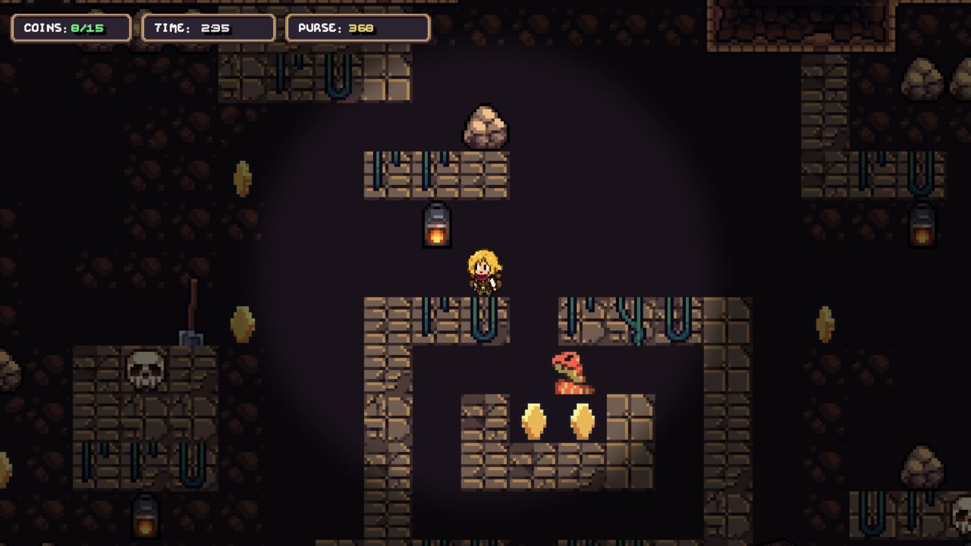 A boulder rests on a ledge above Cora's path; below, a snake guards two gold nuggets.