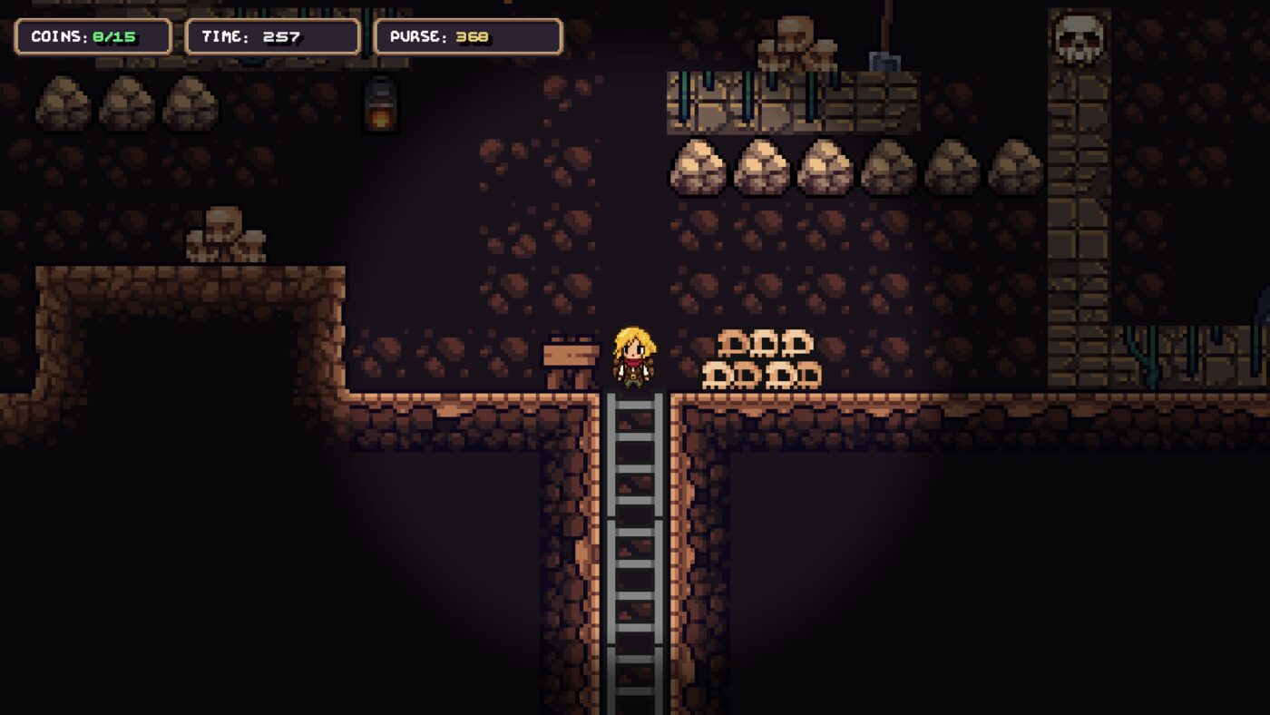 Cora at the top of a long ladder shaft; skull markers line the ledge beside it.