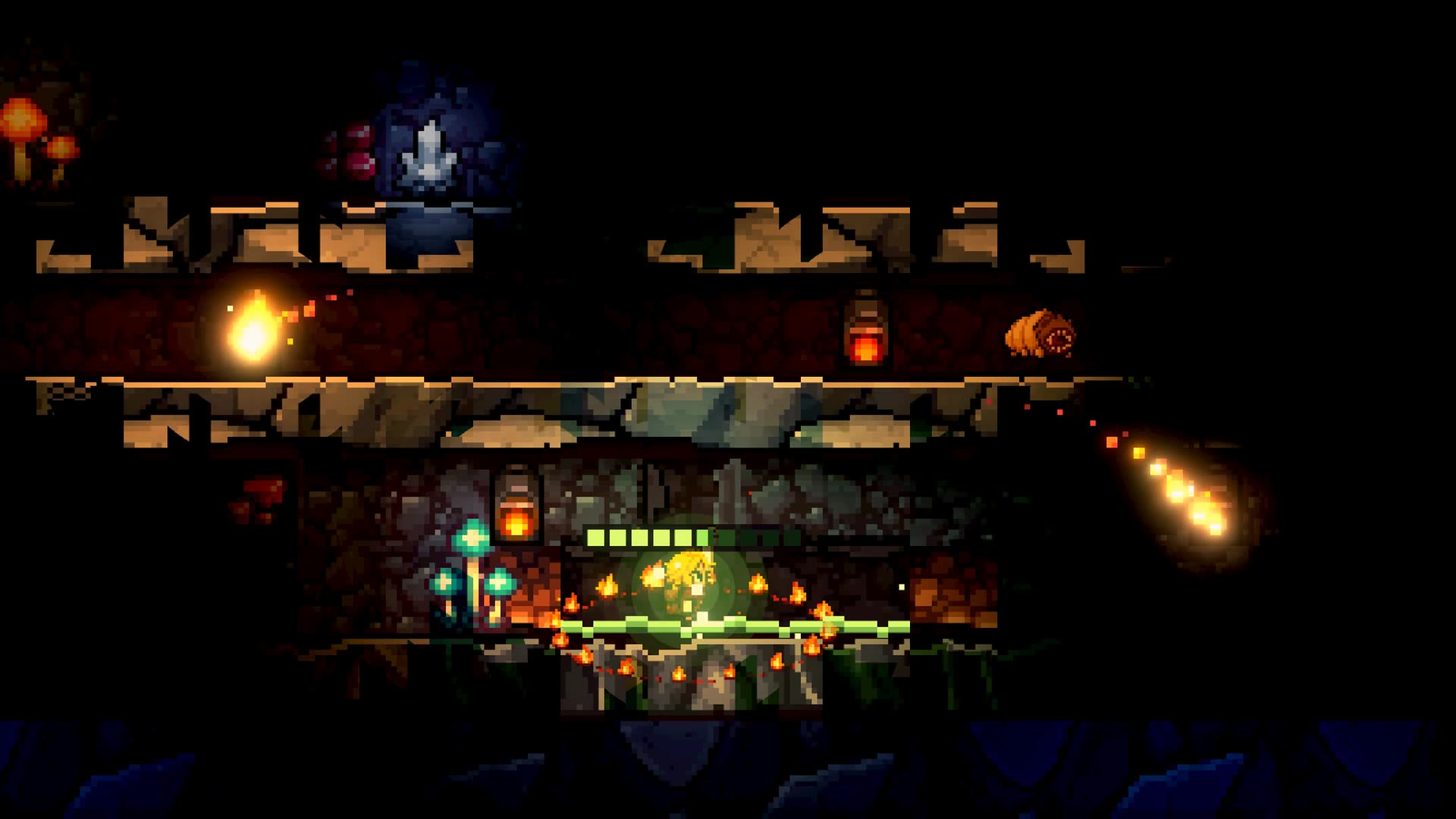 A dark cave ledge lit by a string of small golden flames as Cora's Lantern Call lights the lamps along the rock, a glowing green pool of Old Light beneath her.