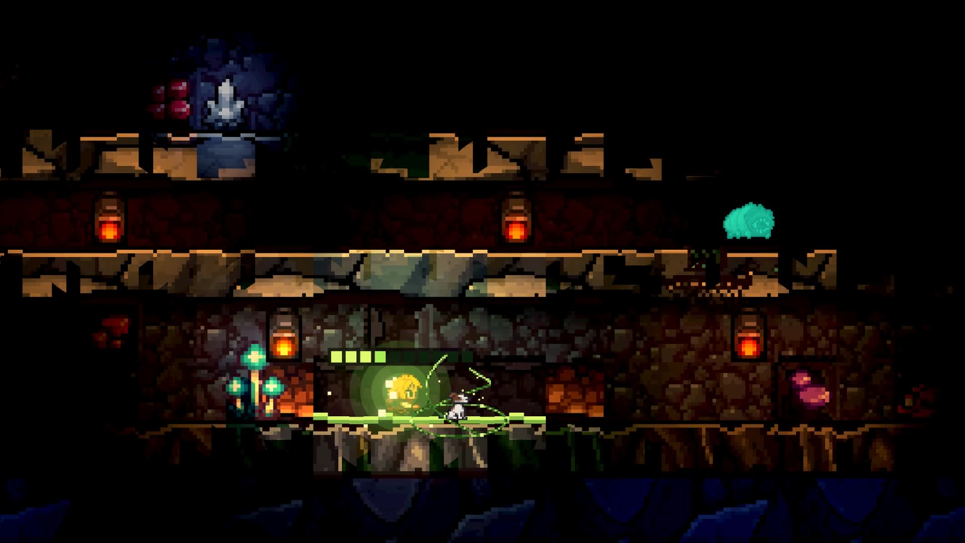 A dark cave ledge where a creature hiding in the dark glows teal, marked by Digby's nose, while Cora stands by the glowing pool.