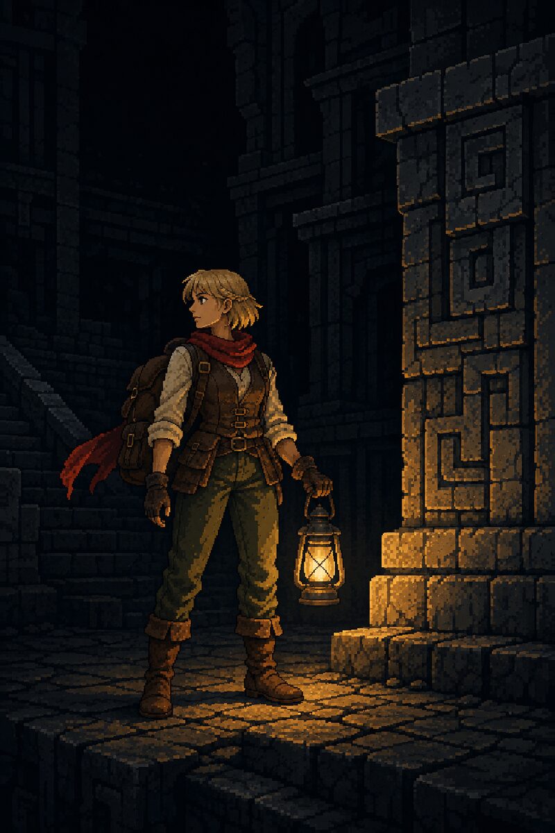 Cora with her lantern before a carved stone pillar.