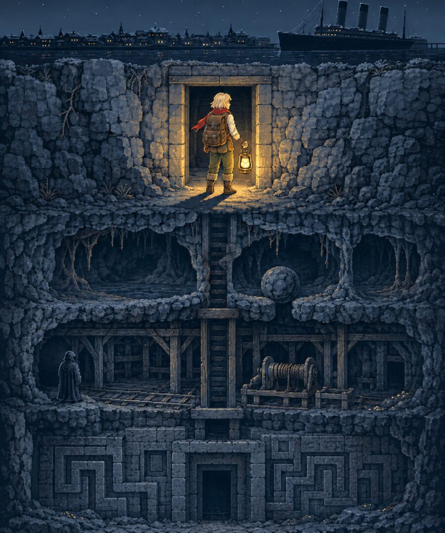 Cora stands lantern-lit at a mine entrance; beneath her, caves, Victorian mineworks and ancient carved halls descend into the dark.