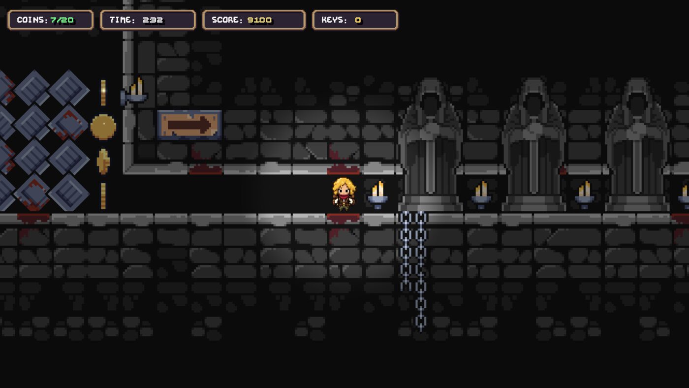 Cora walks a torchlit dungeon hall past three hooded stone watchers; chains hang into the dark below.