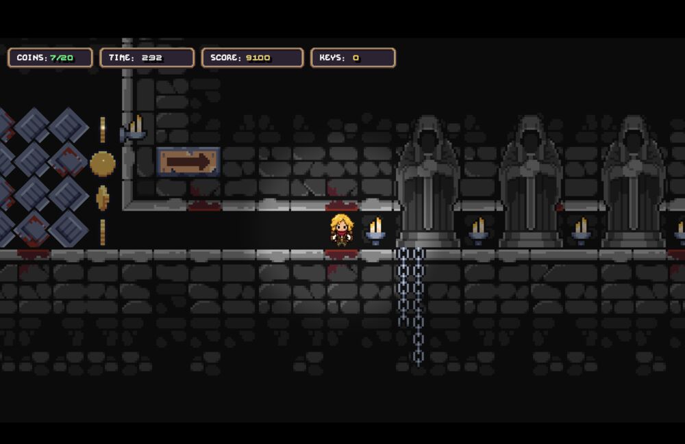 Cora walks a torchlit hall of hooded statues — The Antiquarian gameplay.