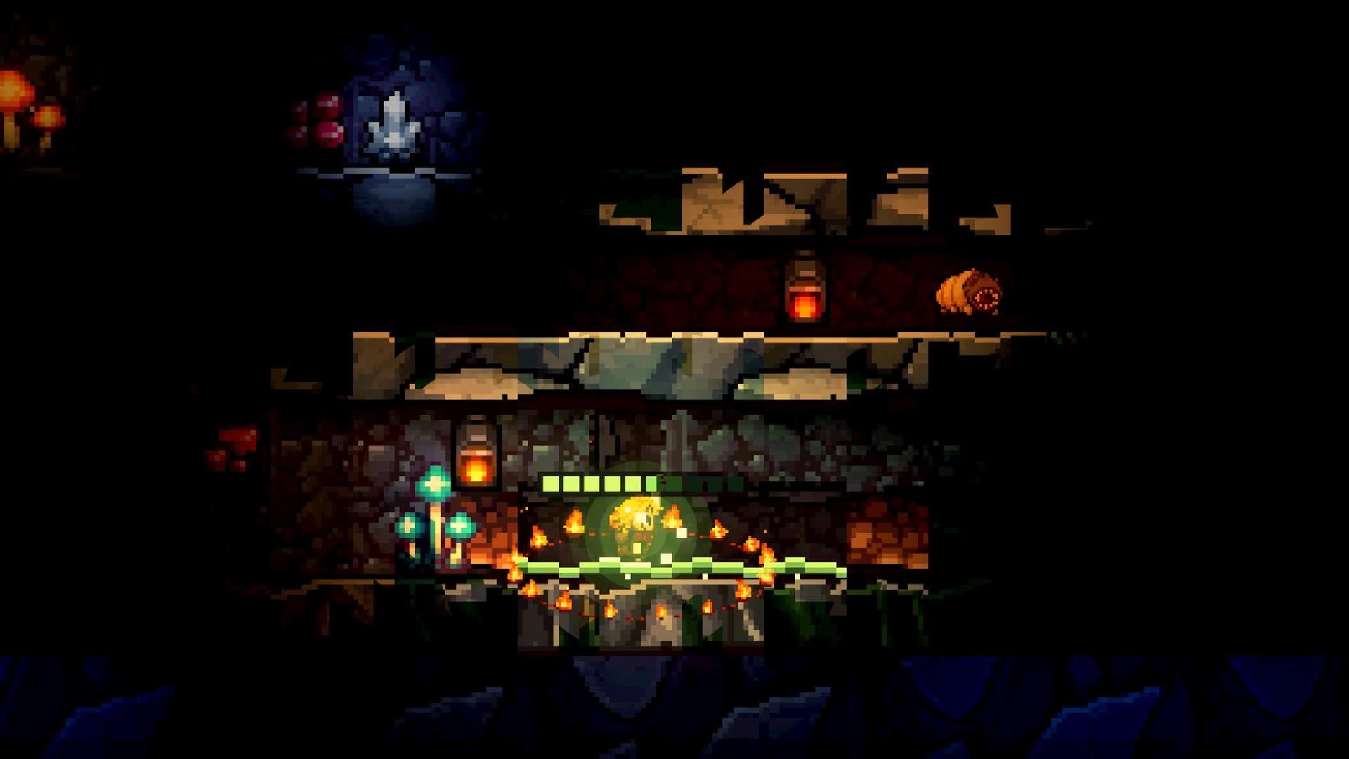 Lamps catching one by one along a dark cave ledge above a glowing green pool — The Antiquarian gameplay.