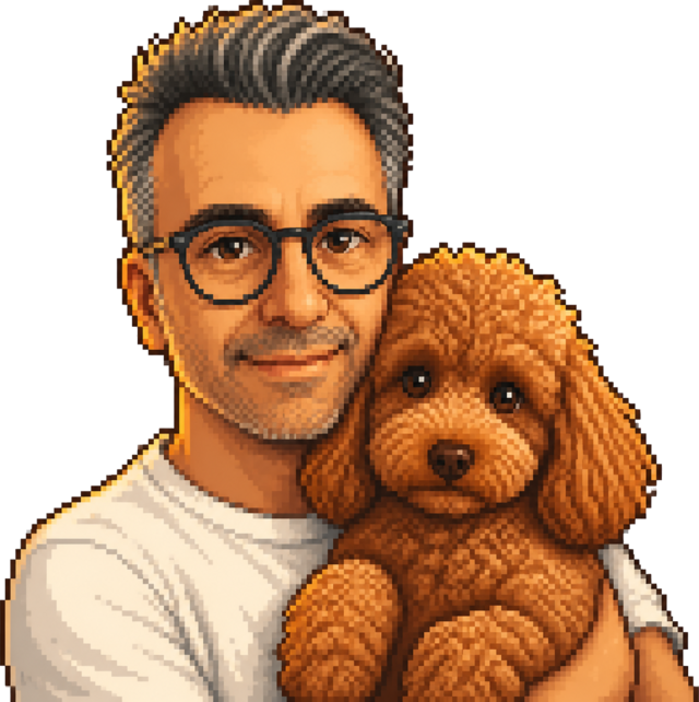 Roogi's founder with the studio's toy poodle, in pixel art.